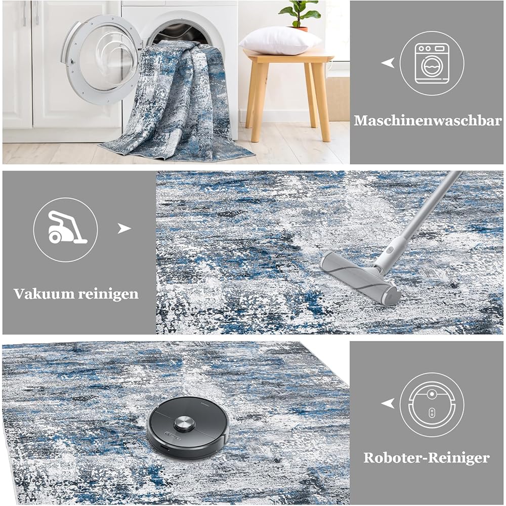Guchuang Bedding Tapis de salon, 160 x 230 cm, bleu/gris, vintage, design abstrait, à poils courts, lavable, antidérapant, pour chambre à coucher : Cuisine et Maison
