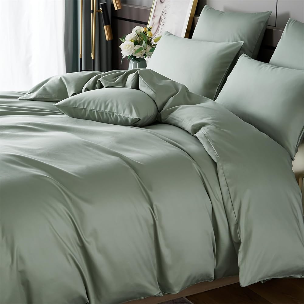 Gezu Housse de Couette en Satin de Coton 220x240cm Vert 100% Coton Parure de Lit 2 Personne Naturel Coton à Longues Fibres Moderne Doux Linge de Lit avec Fermeture Éclair avec 2 Taies d'oreiller 65x65 : Cuisine et Maison