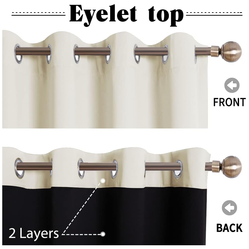 PONY DANCE Rideaux Très Occultants - Double Rideaux Chambre à Oeillets Anti-Bruit Tissu Lourd 100% Lumineux Bloquer Isolant Thermique Ombrage, Beige Clair, L 140 x H 220 cm, Lot de 2 : Cuisine et Maison