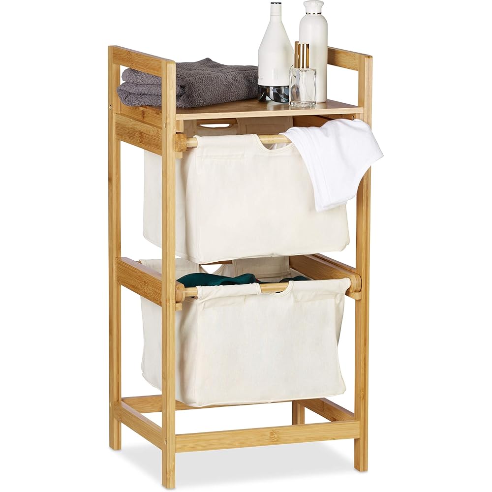 Relaxdays, nature Panier bambou, 2 sacs, 25 L, 2 tiroirs, surface de rangement, coffre à linge, polyester, 1 élément : Cuisine et Maison