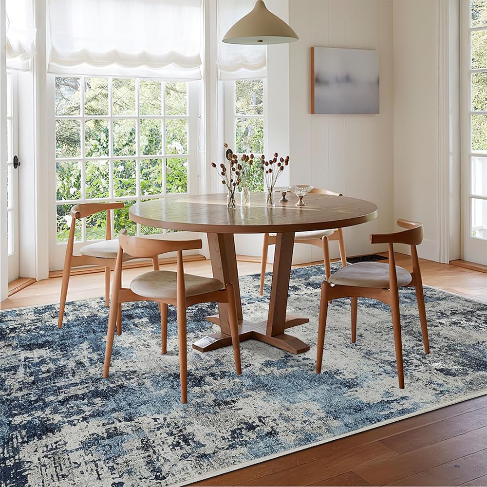 Guchuang Bedding Tapis de salon, 160 x 230 cm, bleu, antidérapant et lavable, design vintage chiné, estompé, à poils courts pour chambre à coucher : Cuisine et Maison