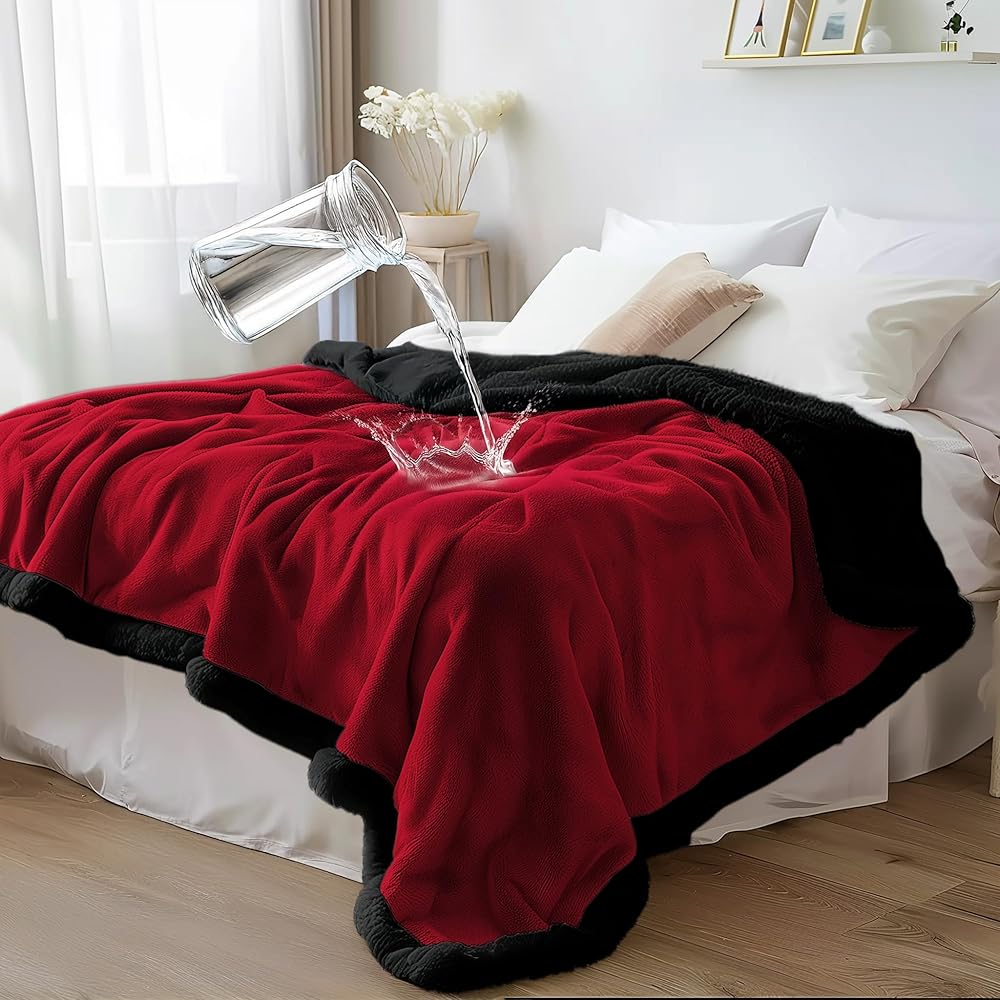 Bedding Aid Couverture imperméable avec polaire Sherpa – Double face, anti-taches et protection humide, parfaite pour l'intimité et les nuits d'amour (velours rouge/noir obsidienne, très grand lit, : Animalerie