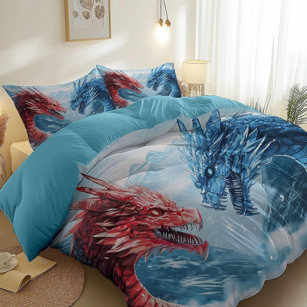 Housse de Couette Imprimé 260 x 240 cm Fantaisie Dragon Glace Et Neige Parure de lit Adulte avec Fermeture Éclair Sets de Housse Couette en Doux Microfibre avec 2 Taie d'oreiller 65x65cm, Bleu : Cuisine et Maison