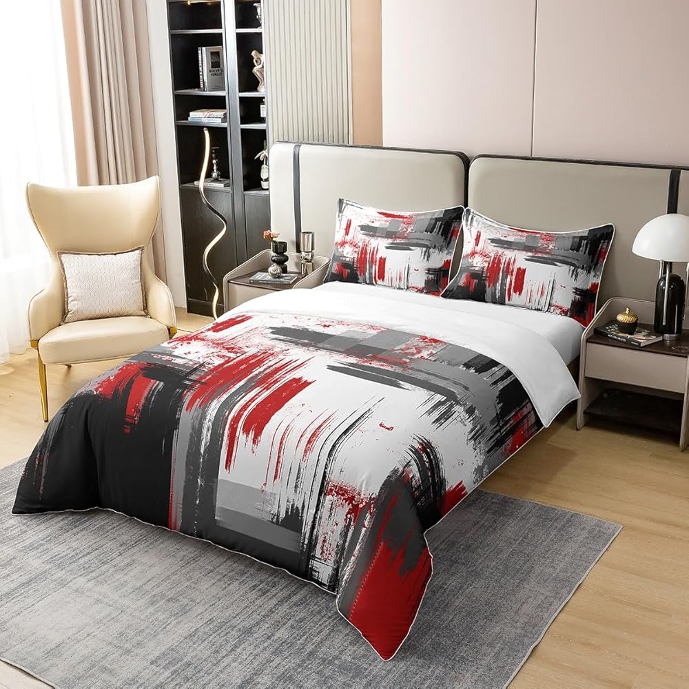 Homemissing Abstrait Literie Art Abstrait Moderne Parure de Lit Garçons Filles Enfants Rouge Gris Noir Motif Parure de Lit Housse de Couette 220x240cm Coton décoration de Chambre Literie 3 pièces : Cuisine et Maison