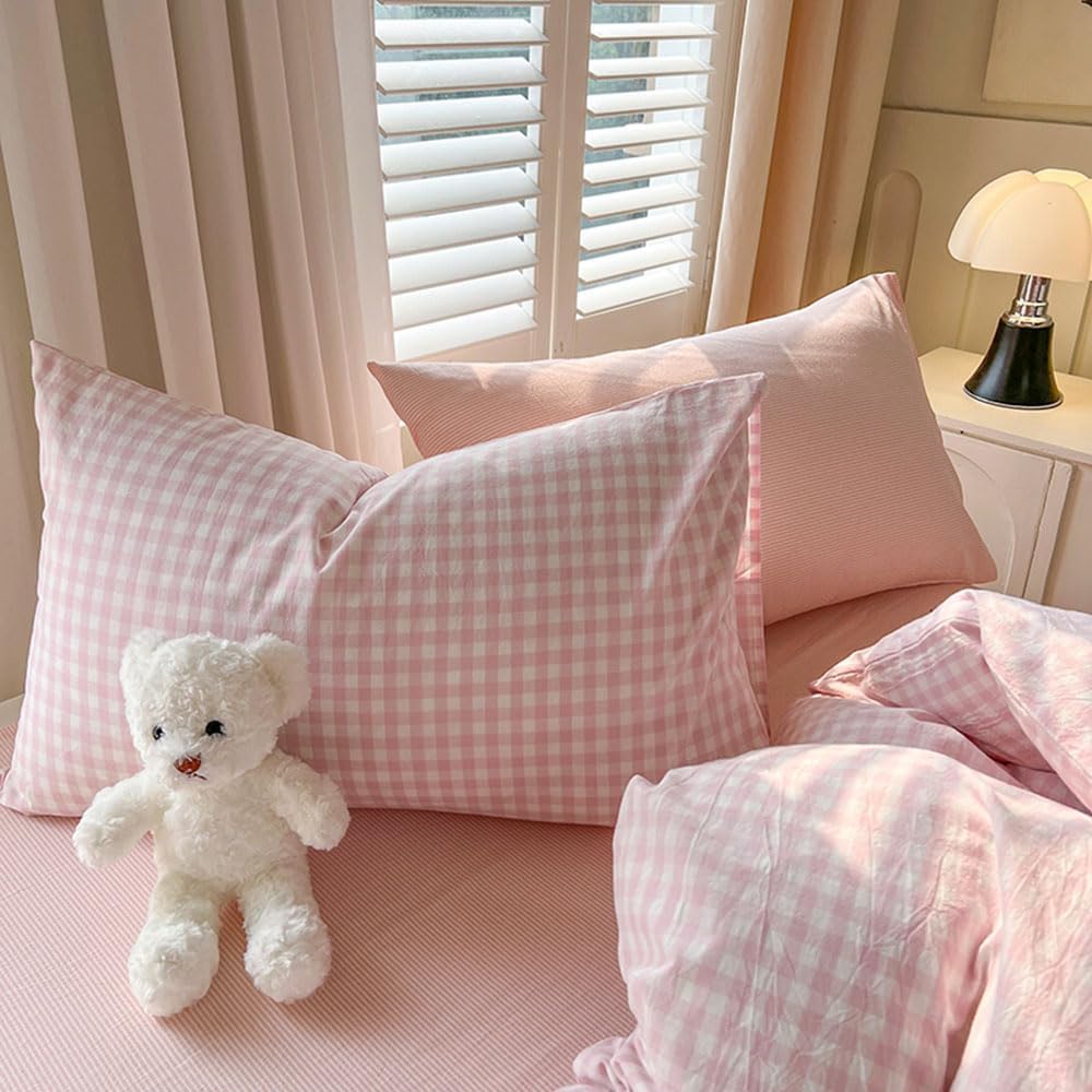 Nyescasa Housse de Couette 240x260 Rose et Blanc à Carreaux Vichy Moderne Parure de lit Adulte 2 Personnes en Microfibre Sets de Housses de Couettes avec Fermeture Éclair et 2 Taies d'oreiller 65x65cm : Cuisine et Maison