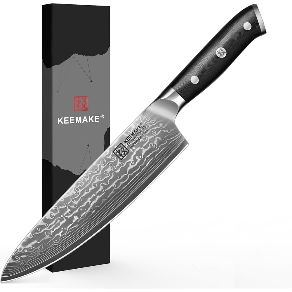 KEEMAKE Couteau Cuisine Professionnel Chef 20cm, Couteaux de Cuisine Damas Acier Japonais 67 Couches Poignée G10 pour Viande Légume : Cuisine et Maison