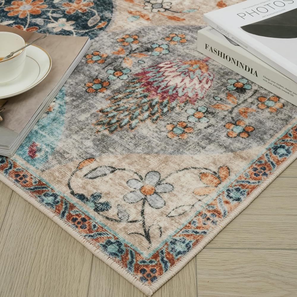 Xfrog Tapis bohème, antidérapant, lavable, ultra doux, antique, à poils bas, pour salon, chambre à coucher, chambre d'enfant, 160 x 230 cm : Cuisine et Maison