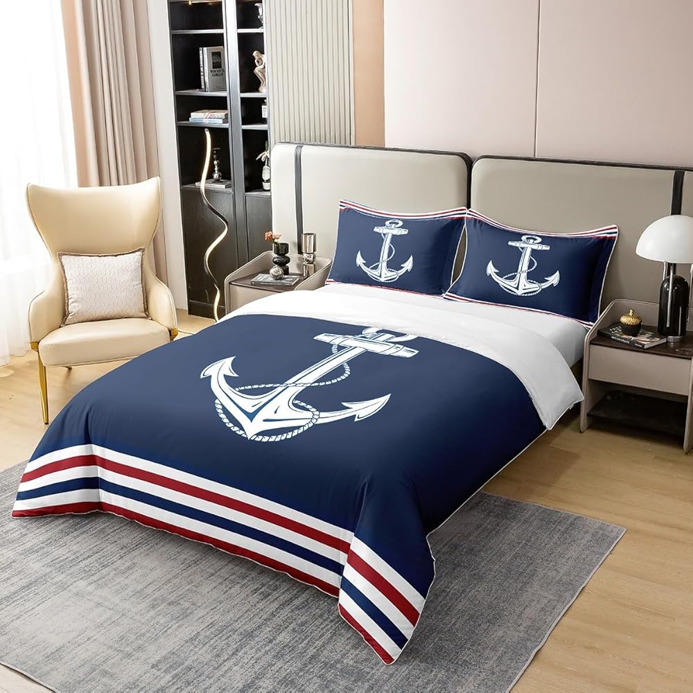 Homemissing Ancre Literie Set Marine Bleu 100% Coton Housse de Couette 200x200cm Femmes Ultra Doux Aventure Marine Parure de Lit océan Ensemble de lit Chambre Ensemble de Literie : Cuisine et Maison