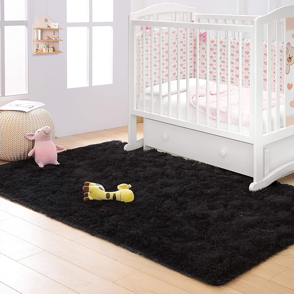 VOFUSHON Tapis Salon Shaggy Descente de lit Chambre Grande Taille Tapis avec Le Fond Antidérapant, Tapis Décoratif de Style Moderne pour Salon Chambre Canapé Natte(160 x 230 cm,Noir) : Cuisine et Maison