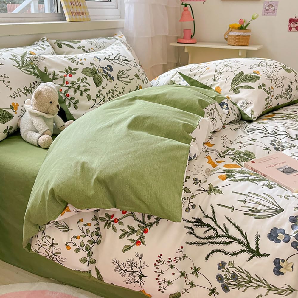 Nyescasa Housse de Couette 220x240 Coton Vert Blanc Feuilles Fleurs Floral Réversible Parure de lit Adulte 2 Personnes Sets de Housses de Couettes avec Fermeture Éclair et 2 Taies d'oreiller 65x65 cm : Cuisine et Maison