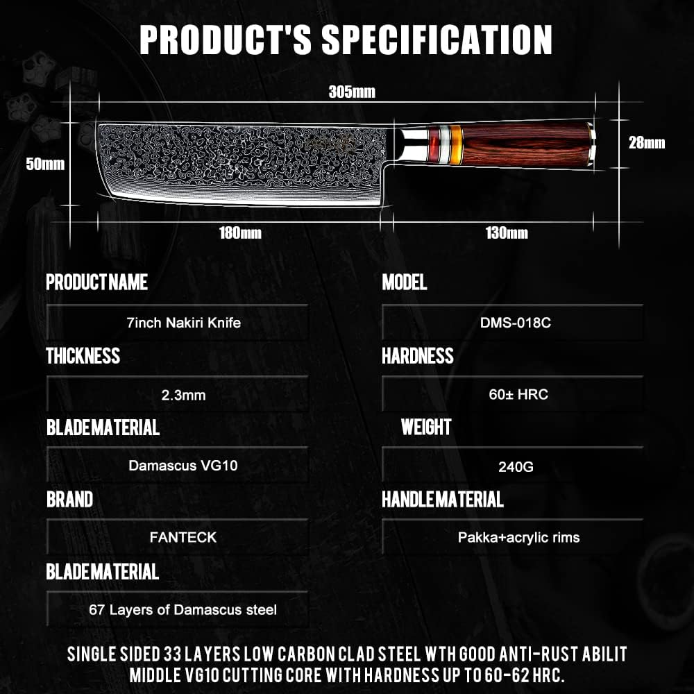 FANTECK Couteau de Cuisine Nakiri en Acier Damas de 67 Couche, Japonais de 18 cm, Professionnel, Manche en Bois de Pakka : Cuisine et Maison