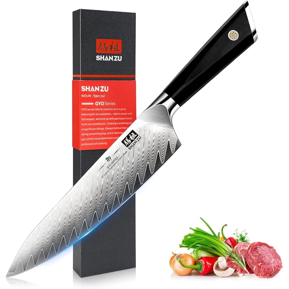 SHAN ZU Couteau Cuisine Damas 21 cm Japonais 67 Couches Damas 10Cr15Mov Couteau Utilitaire Professionnel en Acier à Haute Teneur en Carbone avec Manche en Fibre de Verre G10 : Cuisine et Maison
