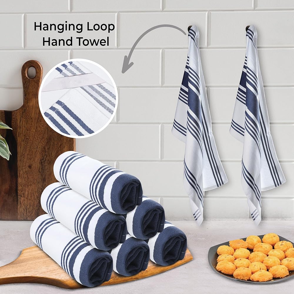Urban Villa Serviettes de Cuisine, Rayures Tendance, torchons 100% Coton, Coins à onglets, (Taille: 51X76 cms), Serviettes de Bar et torchons très absorbants Bleu Indigo/Blanc - (Lot de 6) : Epicerie