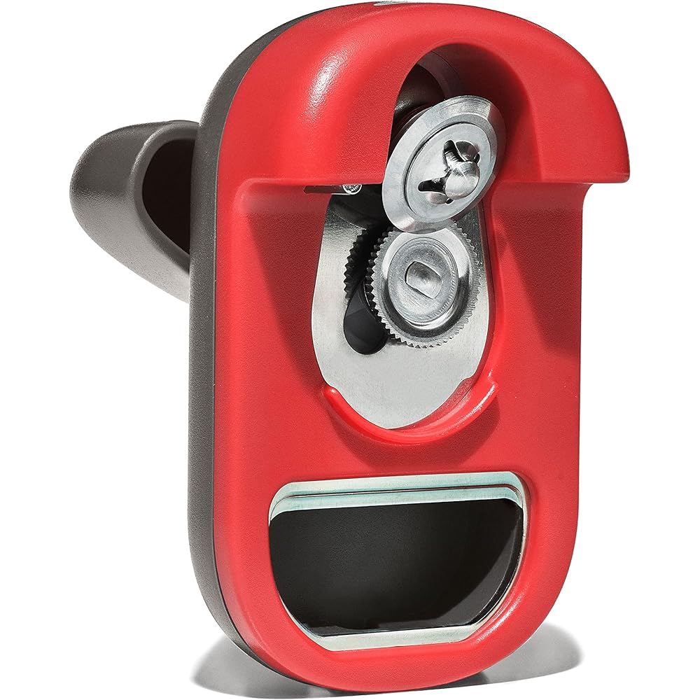 OXO Ouvre-boîte compact avec décapsuleur intégré, rouge/gris : Jardin