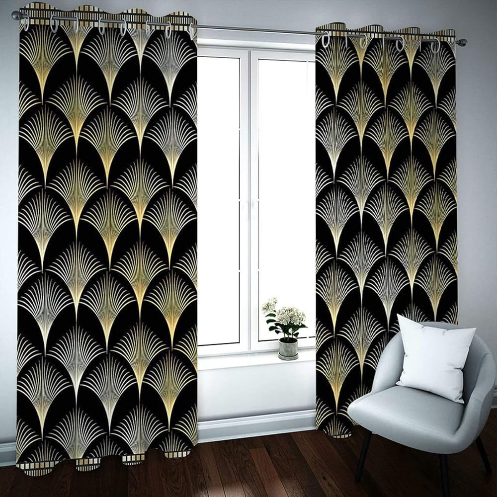 ANAZOZ Rideau Occultant Isolation Thermique 214x274CM, Noir Jaune Motif Art Deco, Lot de 2 Rideaux Fenêtre Draperies pour Salon Chambre : Cuisine et Maison