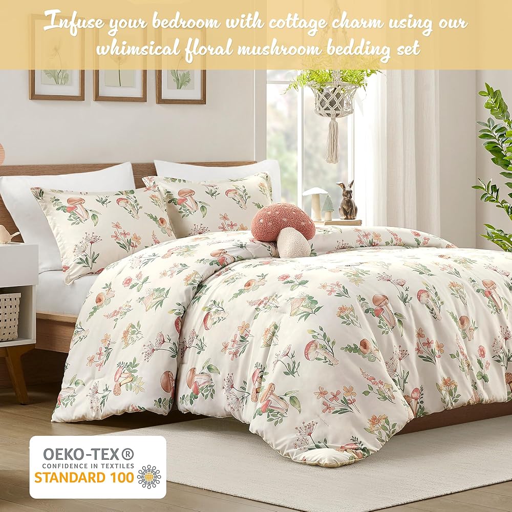 Intelligent Design Gwen Parure de lit 4 pièces en Microfibre légère pour Toutes Les Saisons, Oreiller décoratif et Couvre-Oreiller, Motif Floral fantaisiste et Champignon, lit Double/Grand lit, Vert : Cuisine et Maison