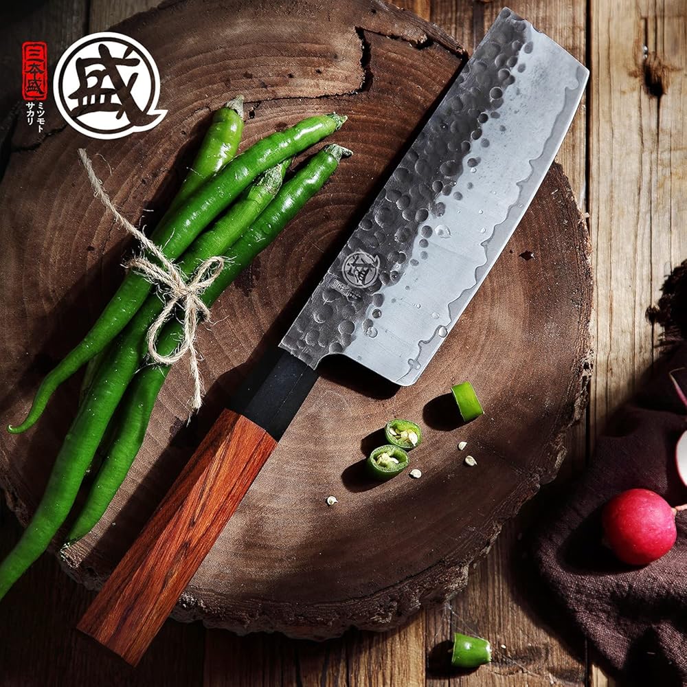 MITSUMOTO SAKARI Couteau Japonais Nakiri de 18 cm, Couteau Cuisine Professionnels Forgé à la Main, Couteau à Légumes en Acier à Haute Carbone (Manche en Bois de Rose et Boutique Boîte en Bois) : Cuisine et Maison