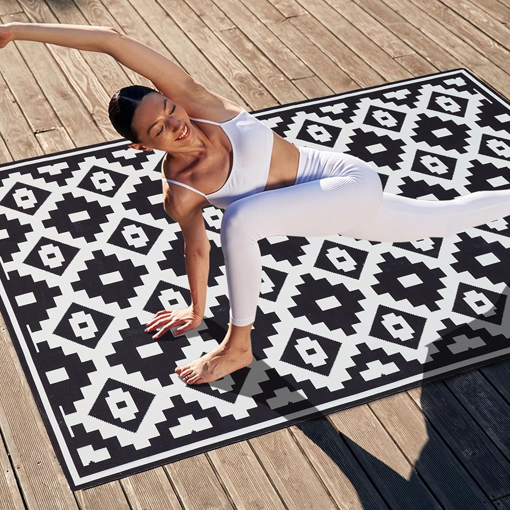 OMERAI Tapis moderne lavable 150 x 240 cm, noir/blanc, antidérapant, résistant aux taches, pour intérieur et extérieur : Cuisine et Maison