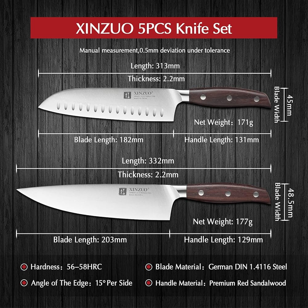 XINZUO 5 Pièces Set Couteaux de Cuisine en Acier Inoxydable 1.4116 Allemand,Professionnel Acier à Haute Teneur en Carbone Couteau de Chef Santoku Trancher Universel Fruits, Red Sandalwood Poignée : Cuisine et Maison