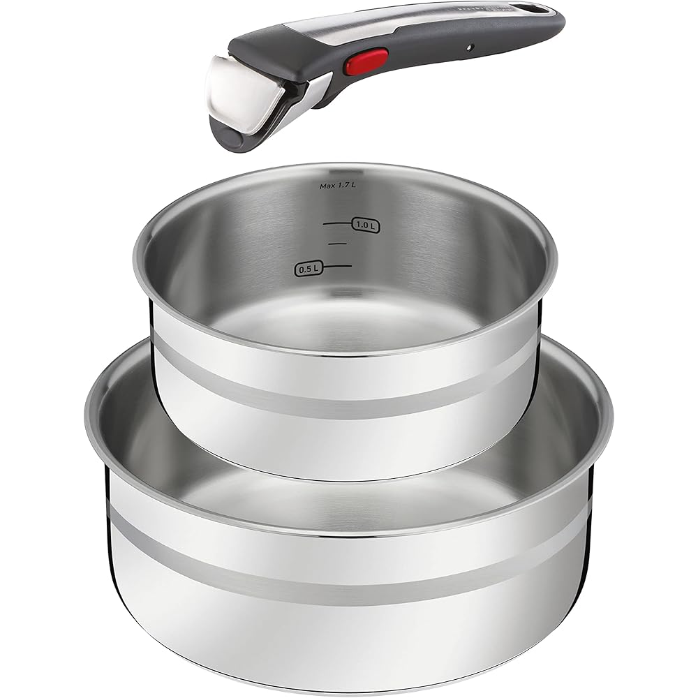 Jamie Oliver by Tefal L977S344 Ingenio Batterie de cuisine 3 pièces avec 1 poignée amovible et 2 casseroles en acier inoxydable Compatible induction Passe au four Gain de place : Cuisine et Maison