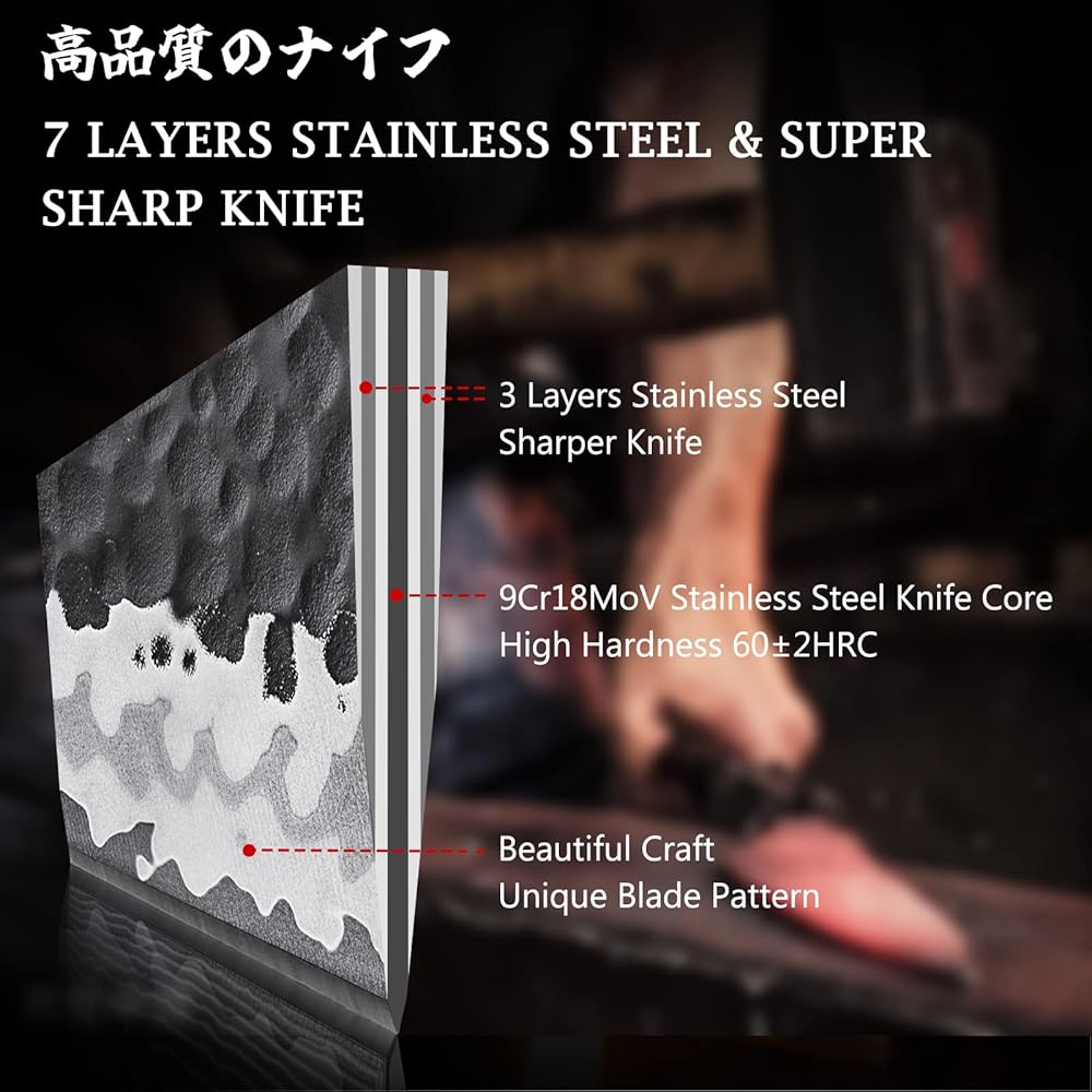 SHAN ZU Couteau Japonais Forgé à la Main, Couteau de Cuisine 20 cm, 7 Couches Couteau de Chef Tranchant en Acier au Carbone de Haute Qualité, Couteau Professionnel Gyuto avec Manche en Nois d'érable : Cuisine et Maison