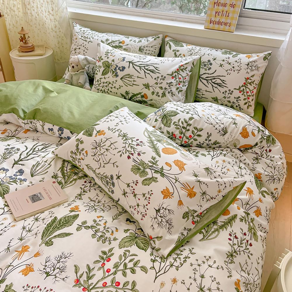 Nyescasa Housse de Couette 220x240 Coton Vert Blanc Feuilles Fleurs Floral Réversible Parure de lit Adulte 2 Personnes Sets de Housses de Couettes avec Fermeture Éclair et 2 Taies d'oreiller 65x65 cm : Cuisine et Maison
