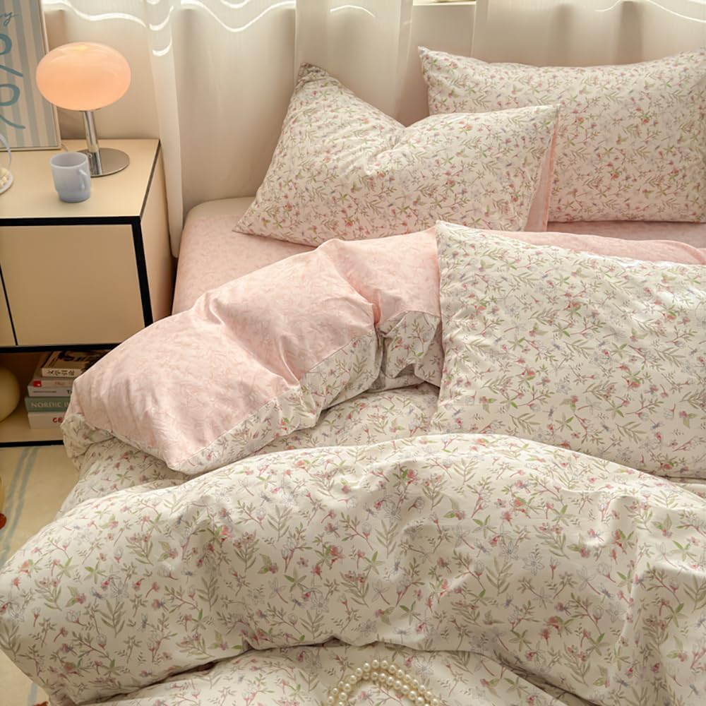 Covebett Housse de Couette Coton 220x240 Rose et Blanc Fleurie Floral Feuilles Parure de Lit 3 Pièces Adulte 2 Personnes Doux Coton Linge de lit avec Fermeture Éclair et 2 Taie d'oreiller 65x65cm : Cuisine et Maison