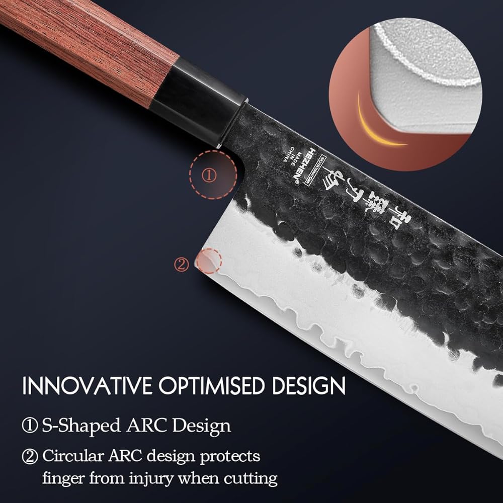 HEZHEN Couteau Nakiri Style japonais Couteau Couteau, Multi-Usages Couteau de chef Asiatique Pour Trancher la Viande et les Légumes, Manche Octogonal Ergonomique en Bois Rouge : Cuisine et Maison
