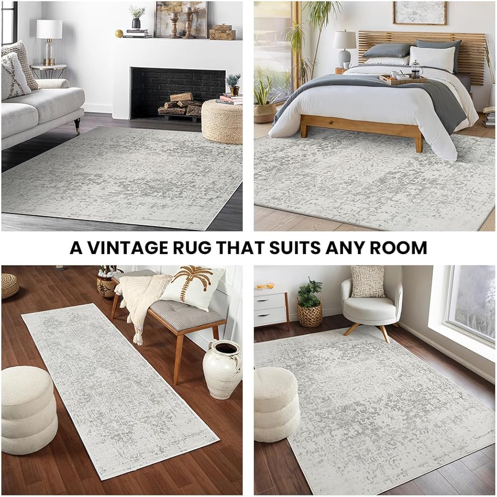Livabliss Syracusa Tapis Vintage - Tapis de Salon, Salle à Manger, Chambre, Cuisine - Boheme Chic, Design Traditionnel Oriental Multicolore, Coloré Poil Court 160x220 cm - Gris et Ivoire : Cuisine et Maison