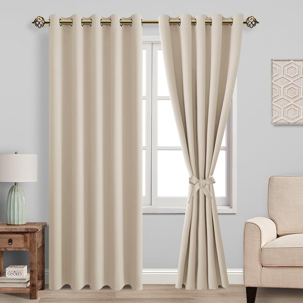 JIUZHEN Rideaux Occultants Rideau Thermique Isolant Anti Chaleur Lot de 2 Rideaux à Oeillets Isolation Lumiere Anti UV pour Chambre Maison Salon 167x228cm(LxH Beige : Cuisine et Maison