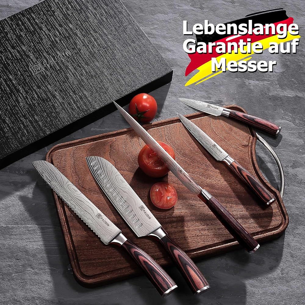 PAUDIN Set Couteau Cuisine Professionnel, 5 Pièces Ensembles de Couteau Japonais Tranchants, Acier Inoxydable, Couteau de Chef Santoku Universel Fruit Pain, Manche en Bois : Cuisine et Maison