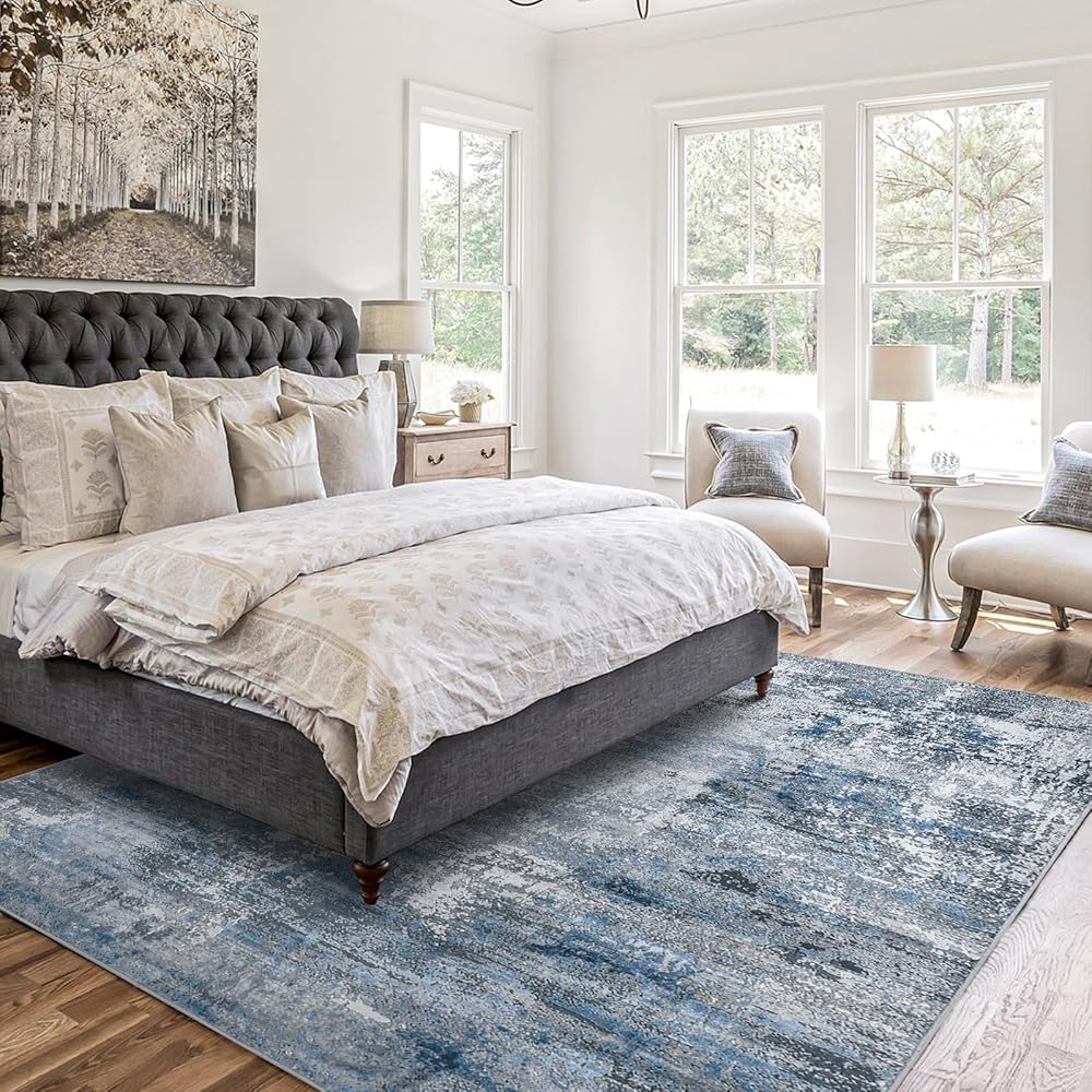 Guchuang Bedding Tapis de salon, 160 x 230 cm, bleu/gris, vintage, design abstrait, à poils courts, lavable, antidérapant, pour chambre à coucher : Cuisine et Maison