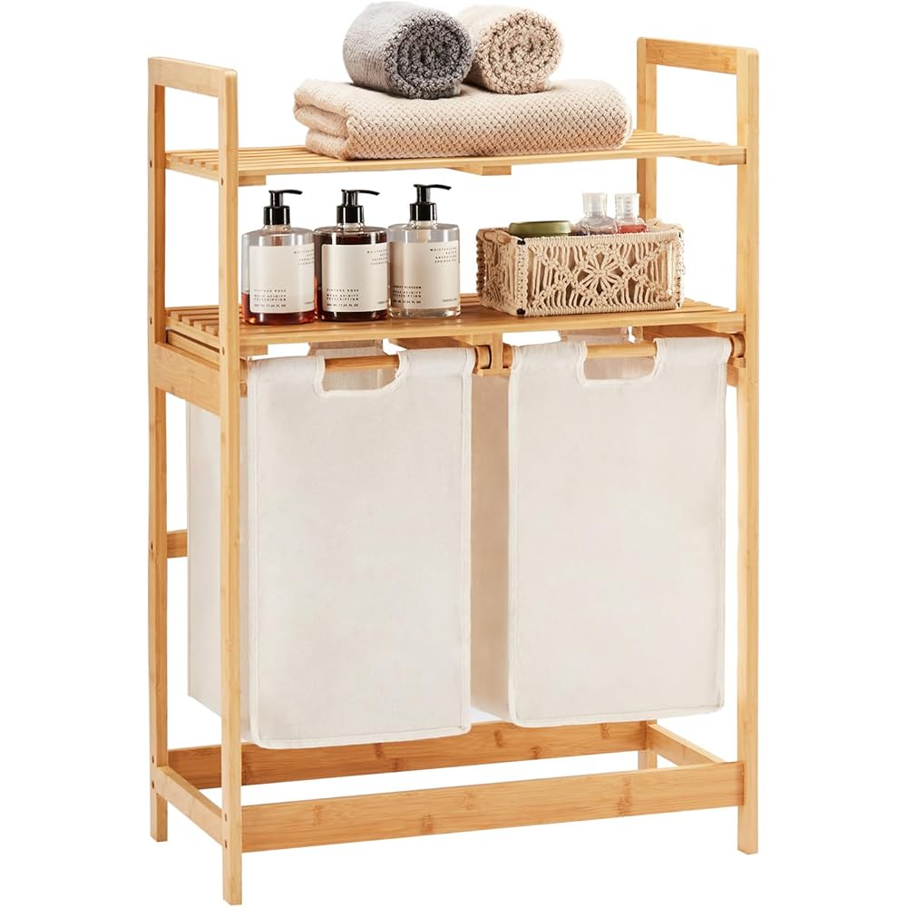 YOUDENOVA Panier à linge en bambou avec 2 étagères et 2 sacs à linge extensibles pour chambre à coucher, salle de bain ou buanderie, 93 x 64 x 33 cm, ivoire : Cuisine et Maison