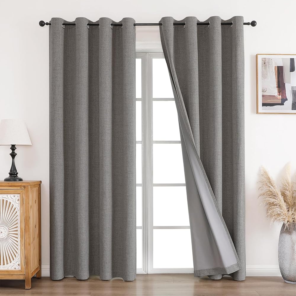 CUCRAF 100% Rideau occultant Thermiques 2 Pièces L140xH225, Rideau Lin Thermique Isolant Anti Froid et Chaleur Tenture Opaque à Oeillets Isolation Lumiere Anti UV Gris Clair : Cuisine et Maison