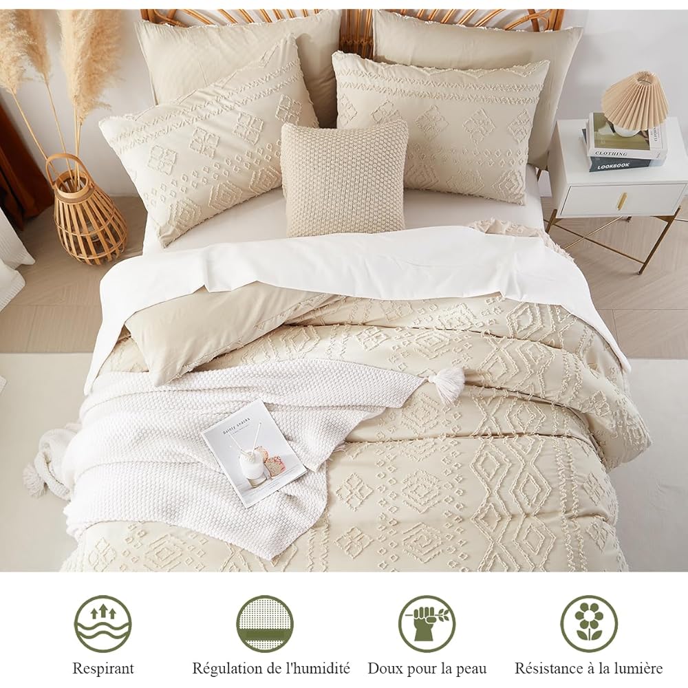 Sedefen Bohème Housse de Couette 240x260 cm Beige Tuftée Broderie Parure de Lit 2 Personnes Adulte Ado Shabby Chic Boho Linge de lit Avez Fermeture Éclair et 2 Taies d'oreiller 65x65cm : Cuisine et Maison