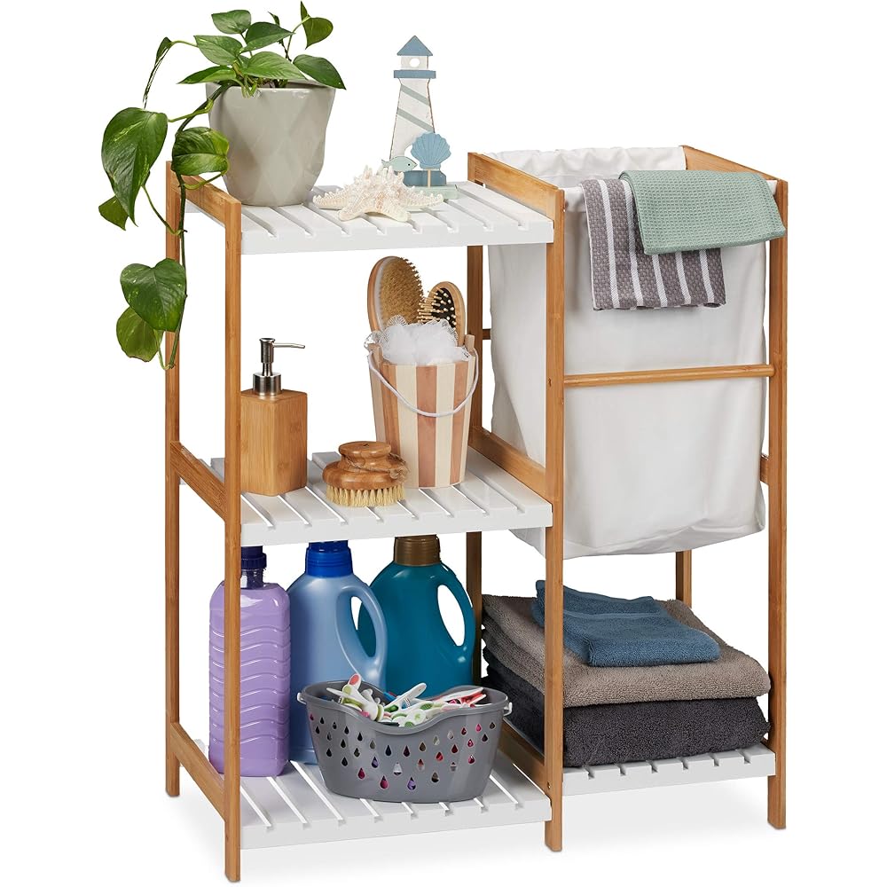 Relaxdays étagère de Salle de Bain avec Panier à Linge, Ouverte et Autonome, Bambou et MDF, 76x65,5x33 cm, Naturel/Blanc, Tissu, 76 x 65,5 x 33 cm : Cuisine et Maison