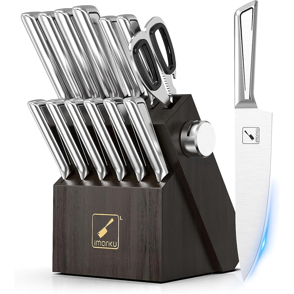 imarku Set Couteau Cuisine, Set de Couteaux de Cuisine Japonais en Acier Inoxydable, 14 Pièces avec Bloc de Rangement, Couteau Monobloc, Poignée Ergonomique, Cadeau Fête des Pères : Cuisine et Maison