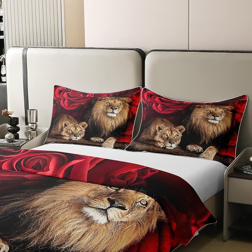 Parure de Lit 100% Coton 240x260 cm, Housse de Couette Lion Rose, Ensemble de Literie À Imprimé Floral Animalier, Literie sur Le Thème de La Nature, pour Enfants Jeunes Adultes, Ultra Doux : Cuisine et Maison