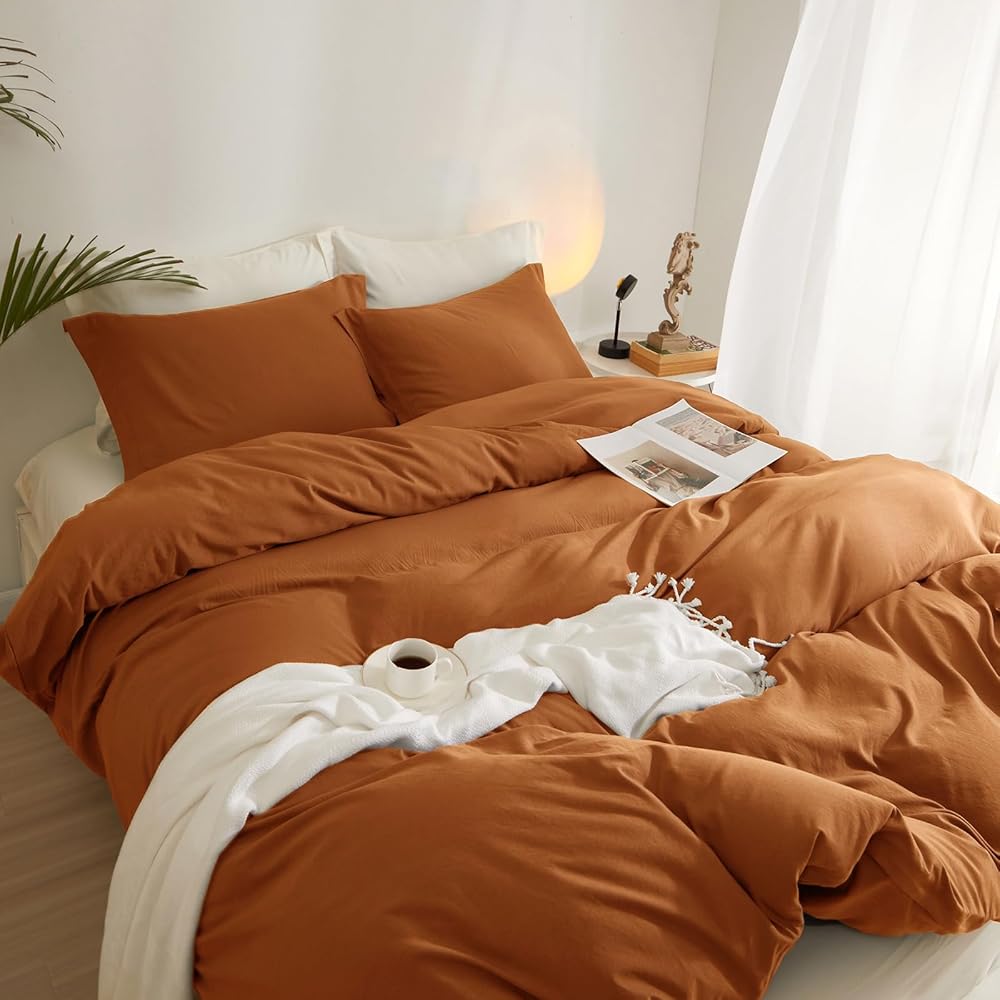 Parure de lit exclusive 3 pièces en terre cuite, orange brûlé doux et rouille – Grand lit (228,6 x 228,6 cm) avec fermeture éclair et 2 taies d'oreiller – Parure de lit en microfibre pour l'automne : Cuisine et Maison