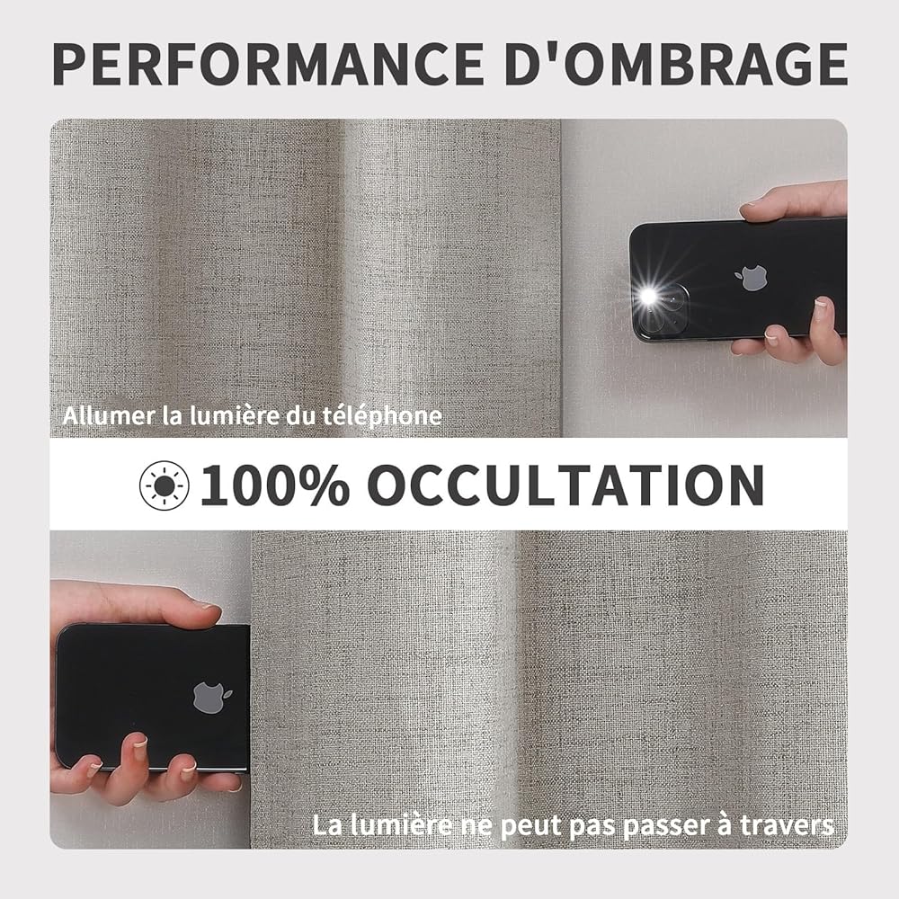 Joydeco 100% Rideau Occultant 2 Pièces, Lin Rideau Thermique Isolant Anti Chaleur Texturé Tenture Opaque à Oeillets Isolation Lumiere Anti UV Decoration Chambre Maison Salon Intérieurs : Cuisine et Maison