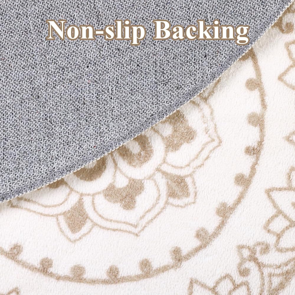 SHACOS Tapis Rond 160 cm Beige Poil Ras Tapis Salon Chambre Antidérapant Tapis de Sol Décoratif Motif Ethnique Boho Tapis Rond Moderne pour Salon Chambre : Cuisine et Maison