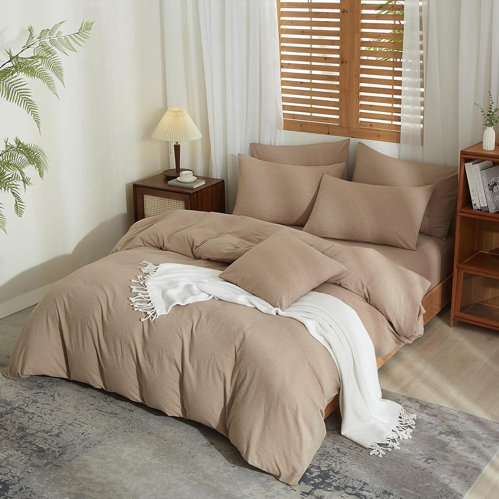 YASMENG Housse de Couette Demi-Lin 200x200 Brun Parure de Lit Mélangé Doux Respirant Douillet Coton Lin Linge de Lit 2 Personne avec Fermeture Éclair et Taies d'oreiller 65x65 cm : Cuisine et Maison
