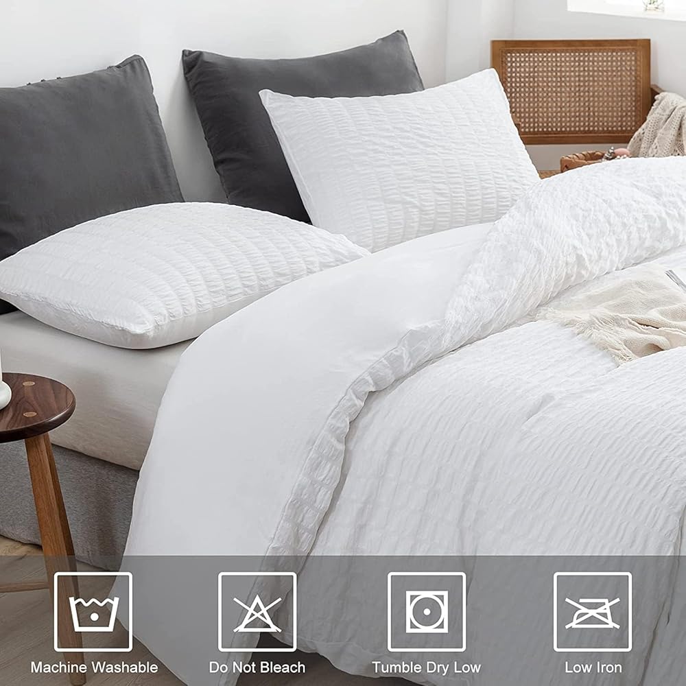 Sedefen Housse de Couette Seersucker 240x260cm Rayures Blanc + 2 x Taies d'oreiller 65x65cm avec Fermeture Eclaire Adulte Ado Doux Confortable Elegant Parure de lit 2 Personnes Rayé : Cuisine et Maison