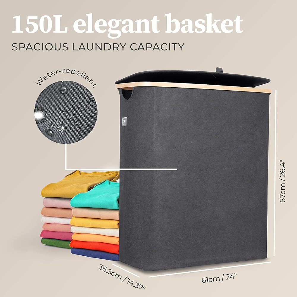 HENNEZ Panier à Linge 150L - Paniere a Linge Sale 3 Compartiment - Bac a Linge Sale Pliable avec Couvercle, Poignée en Bambou - Corbeille a Linge pour Buanderie - Panier a Linge, Gris : Cuisine et Maison