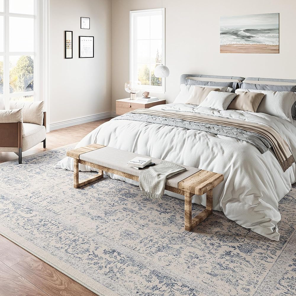 HUGEAR Tapis de salon, lavable, bleu, style vintage, 180 x 270 cm, style rétro, pour salon, salon, chambre, salle à manger, bureau : Cuisine et Maison