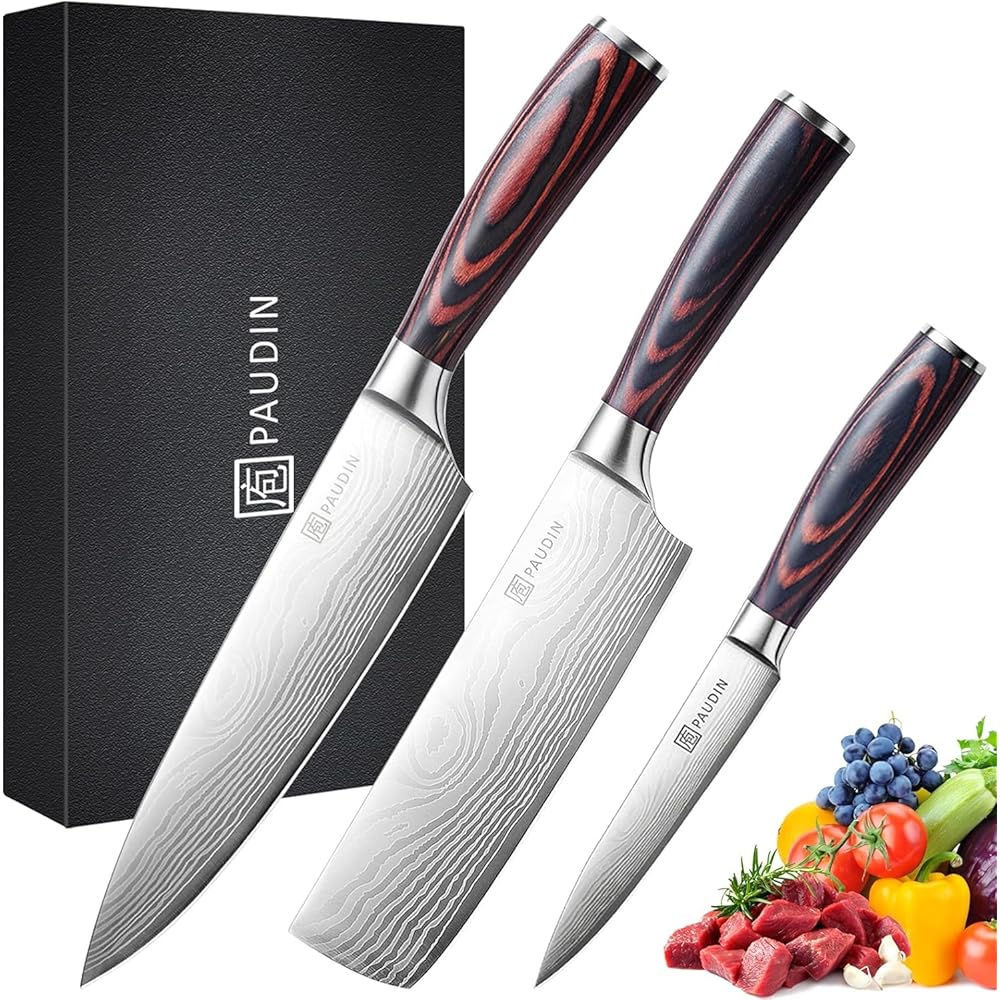 PAUDIN Couteau Cuisine Professionnel, Ensembles de Couteaux de Chef 20cm, Couteau de Cuisine 17cm, Couteau Japonais 13cm, Acier Inoxydable Allemand, Manche en Bois, pour Cuisine, Restaurant : Cuisine et Maison