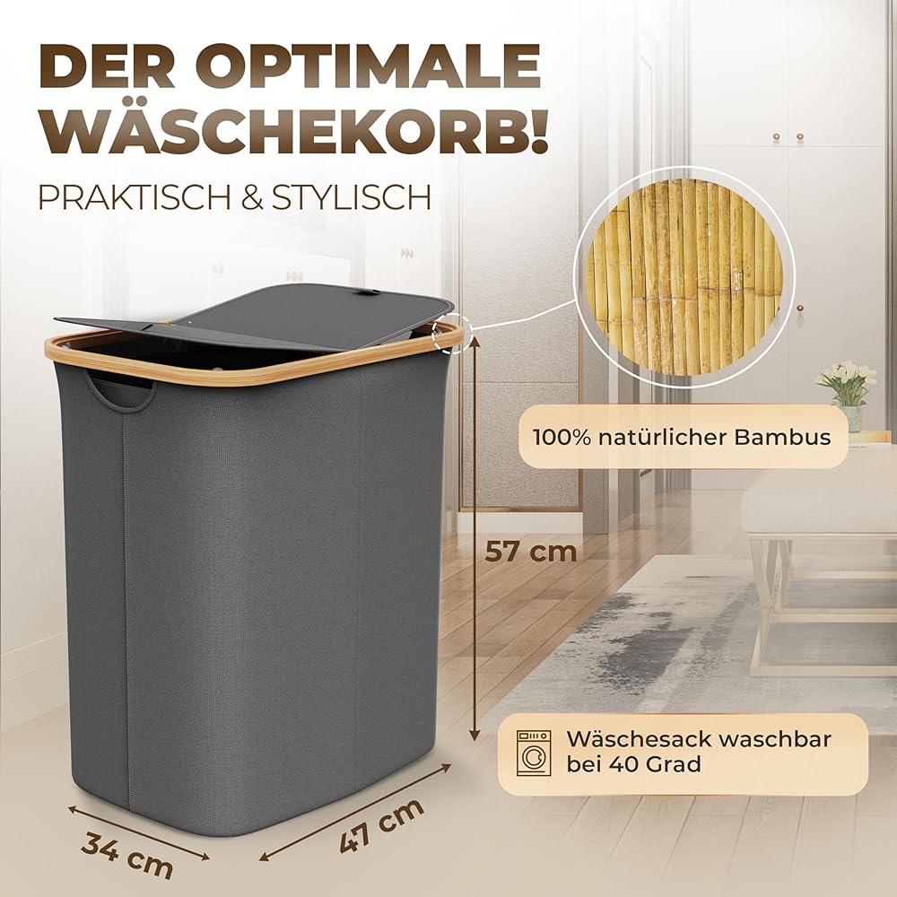 Panier à linge 2 compartiments avec couvercle,100 litres,Tissu bambou gris,Grand,Panier à linge avec couvercle,Panier à linge,Gris foncé,Anthracite,Noir,Laundry Hamper,Celeko foncé,100 l : Cuisine et Maison