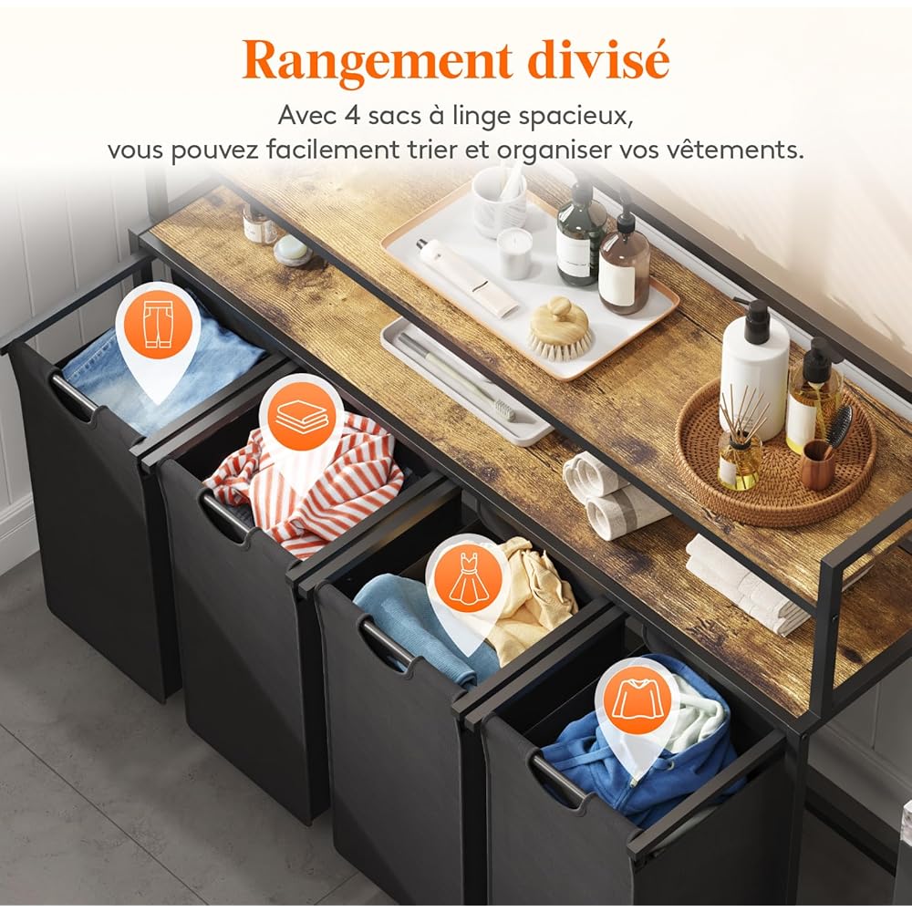 Lifewit Panier a Linge 4 Compartiments Roulettes 168L, Meuble Linge Sale avec Grande Étagère Supérieure et 4 Sac à Linge en Tissu Oxford, Bac à Linge pour Buanderie, Chambres, Salles de Bains, Noir : Cuisine et Maison