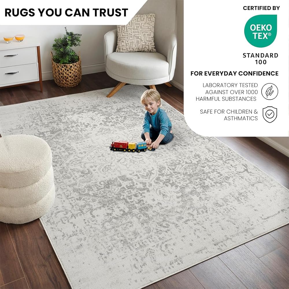 Livabliss Syracusa Tapis Vintage - Tapis de Salon, Salle à Manger, Chambre, Cuisine - Boheme Chic, Design Traditionnel Oriental Multicolore, Coloré Poil Court 160x220 cm - Gris et Ivoire : Cuisine et Maison
