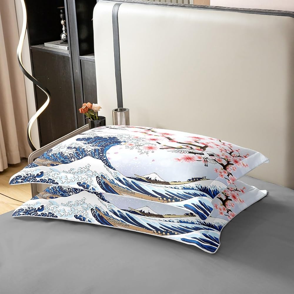 Homemissing Fleur de Cerisier Parure de lit 140x200cm 100% Coton Chic Crane Housse de Couette 100% Coton Enfants Vagues décoration Rose Ukiyo - e Japonais thème Ensemble avec 1 taie d'oreiller, : Cuisine et Maison